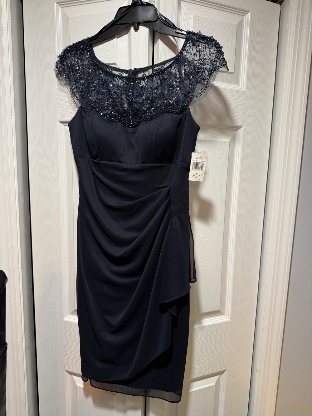 Xscape Navy Beaded Lace Yoke Midi Dress